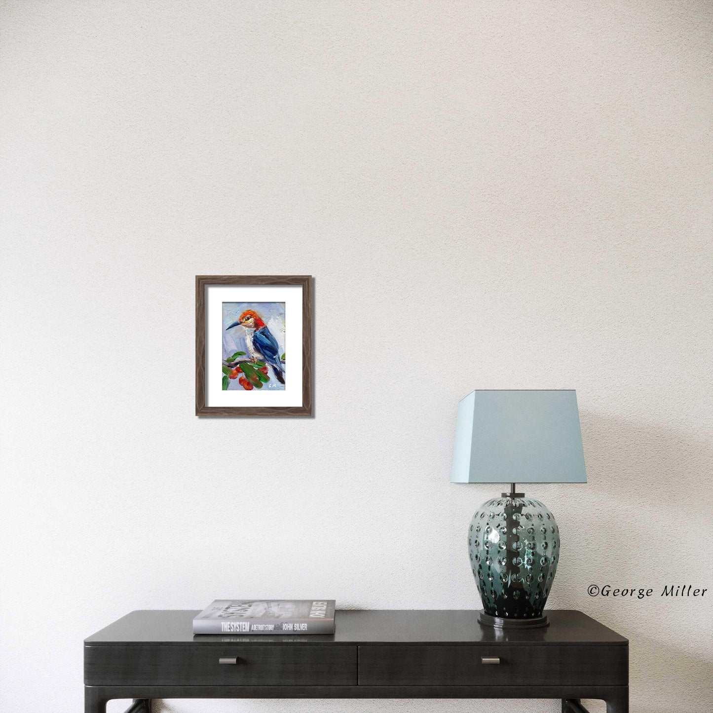 Red-Headed Woodpecker Painting, Original Oil on Canvas, Impasto Bird Art by George Miller