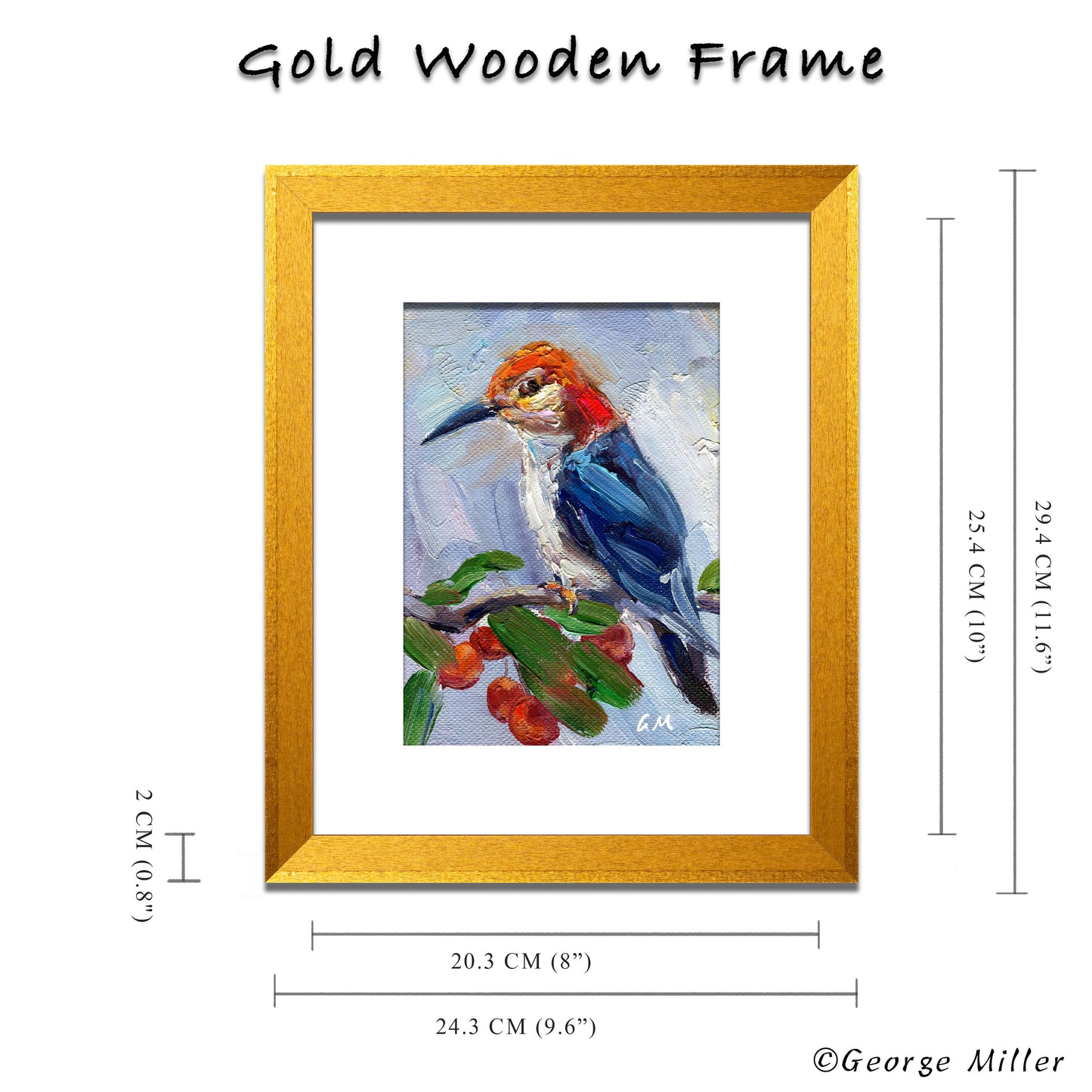 Red-Headed Woodpecker Painting, Original Oil on Canvas, Impasto Bird Art by George Miller