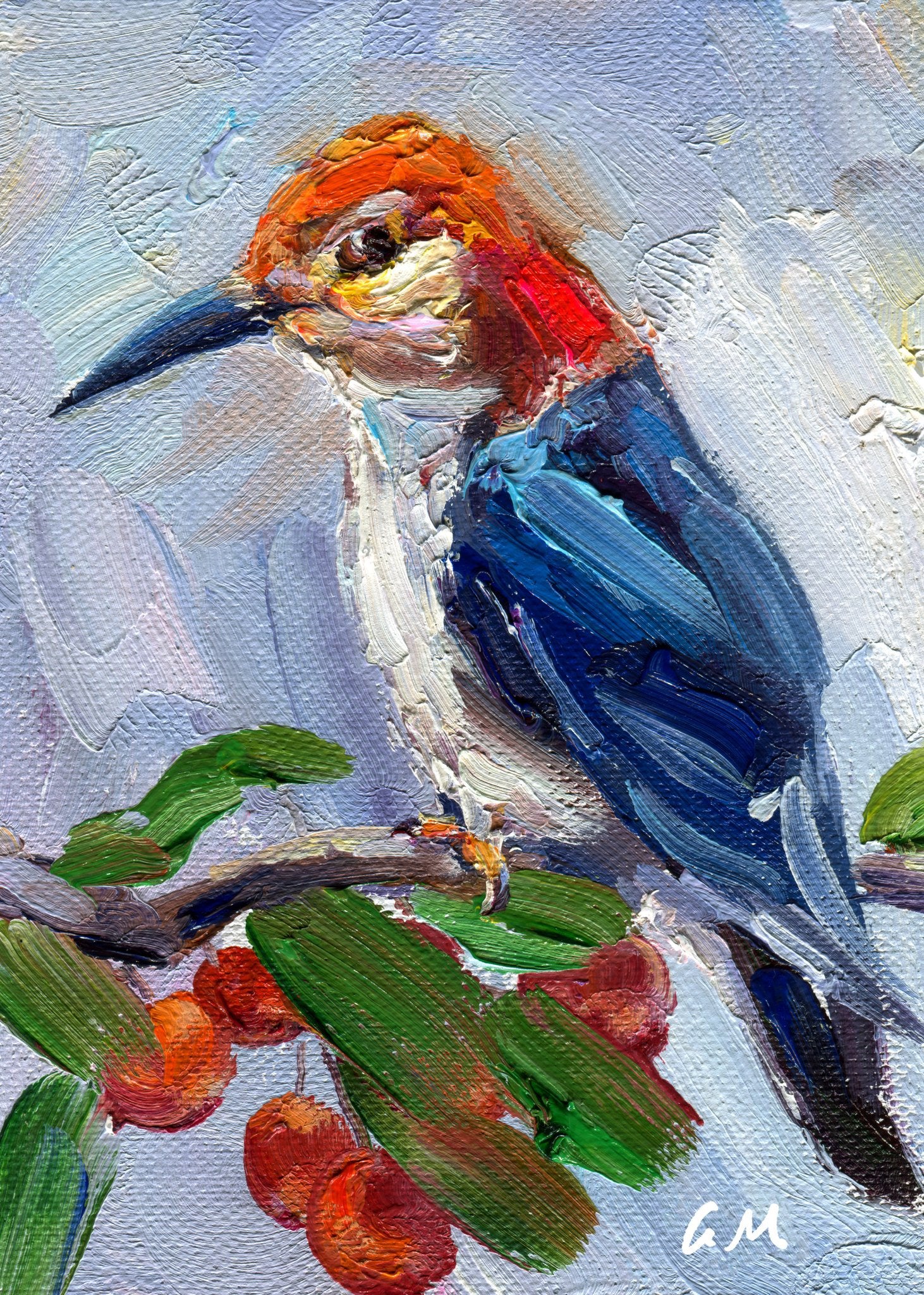 Hand-painted oil artwork of a vibrant woodpecker perched on a branch with red berries and green leaves, unframed canvas on neutral surface