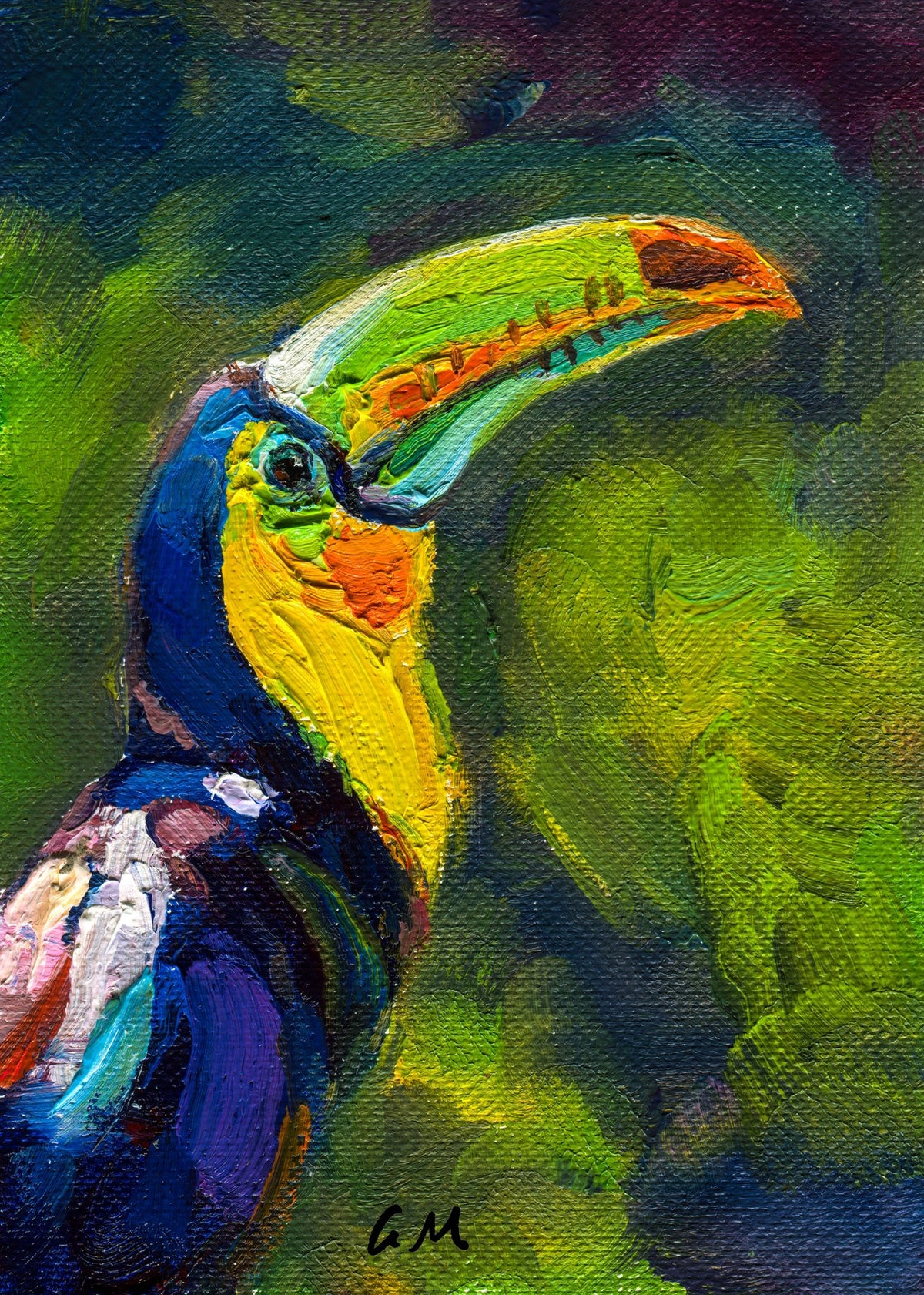 Vibrant oil painting of a toucan with bold green, blue, and yellow hues, unframed canvas on neutral surface, expressive brushwork and textured details