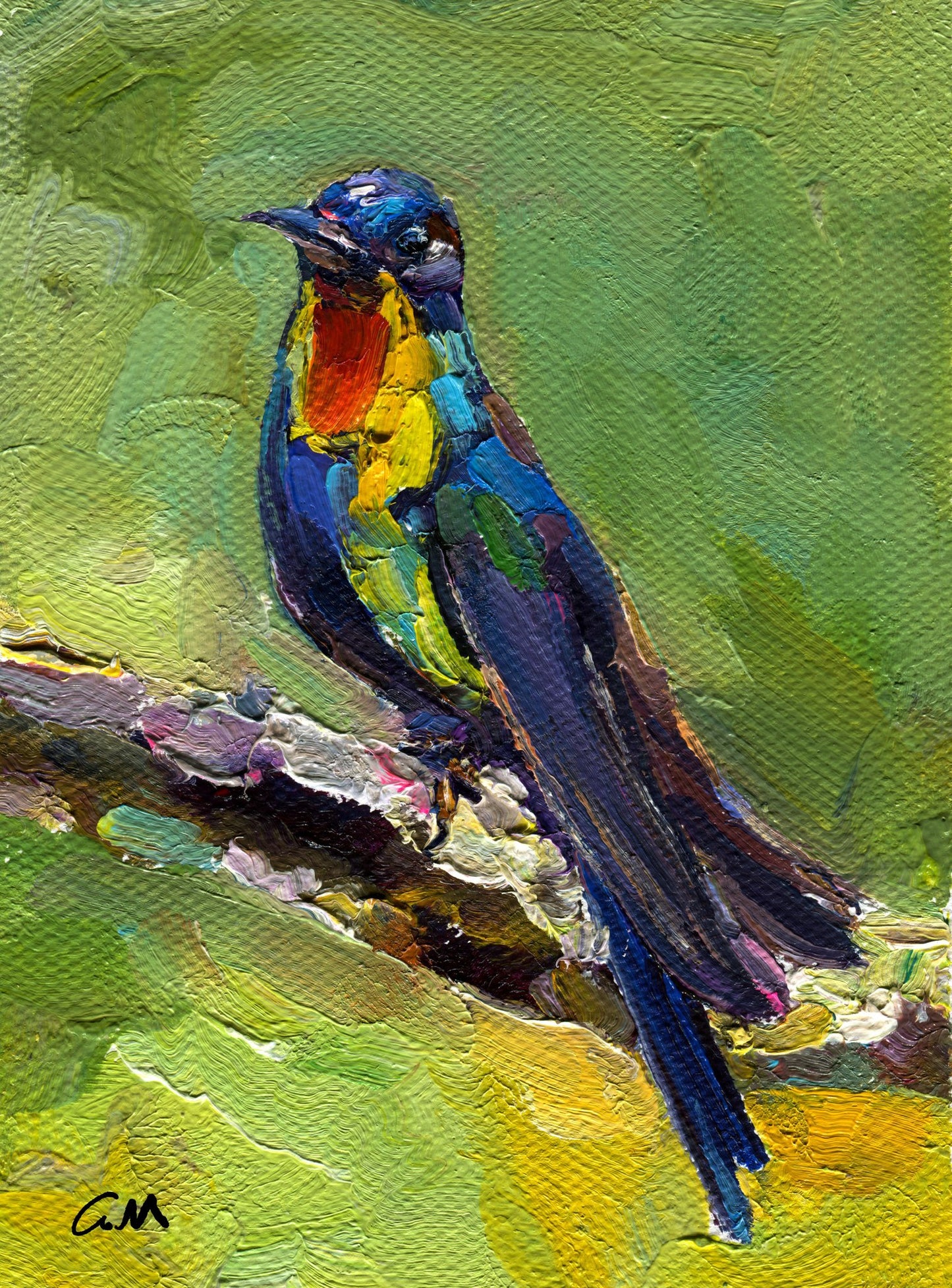 Vibrant oil painting of a colorful bird perched on a branch, unframed canvas with expressive brushwork and bold greens, blues, and yellows