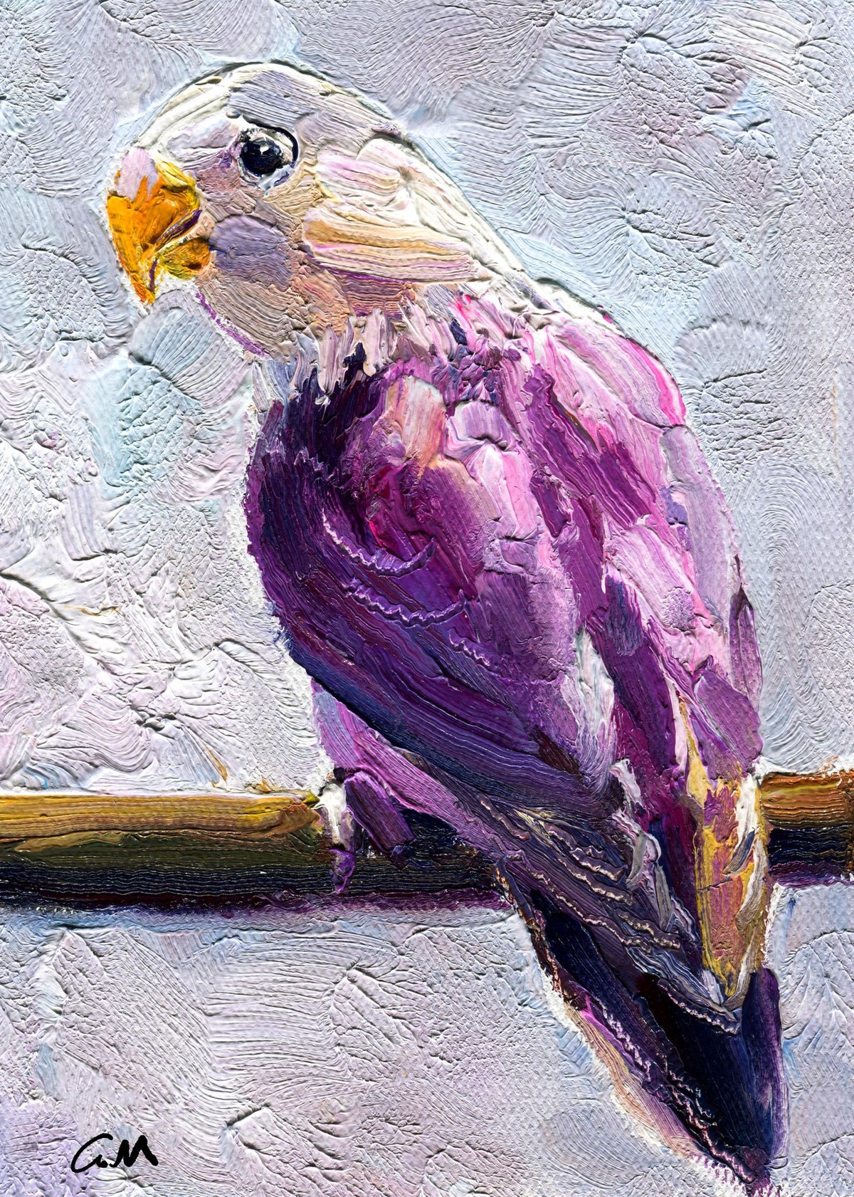 Textured oil painting of a purple parrot perched on a branch, unframed canvas with visible brushwork and signature in corner