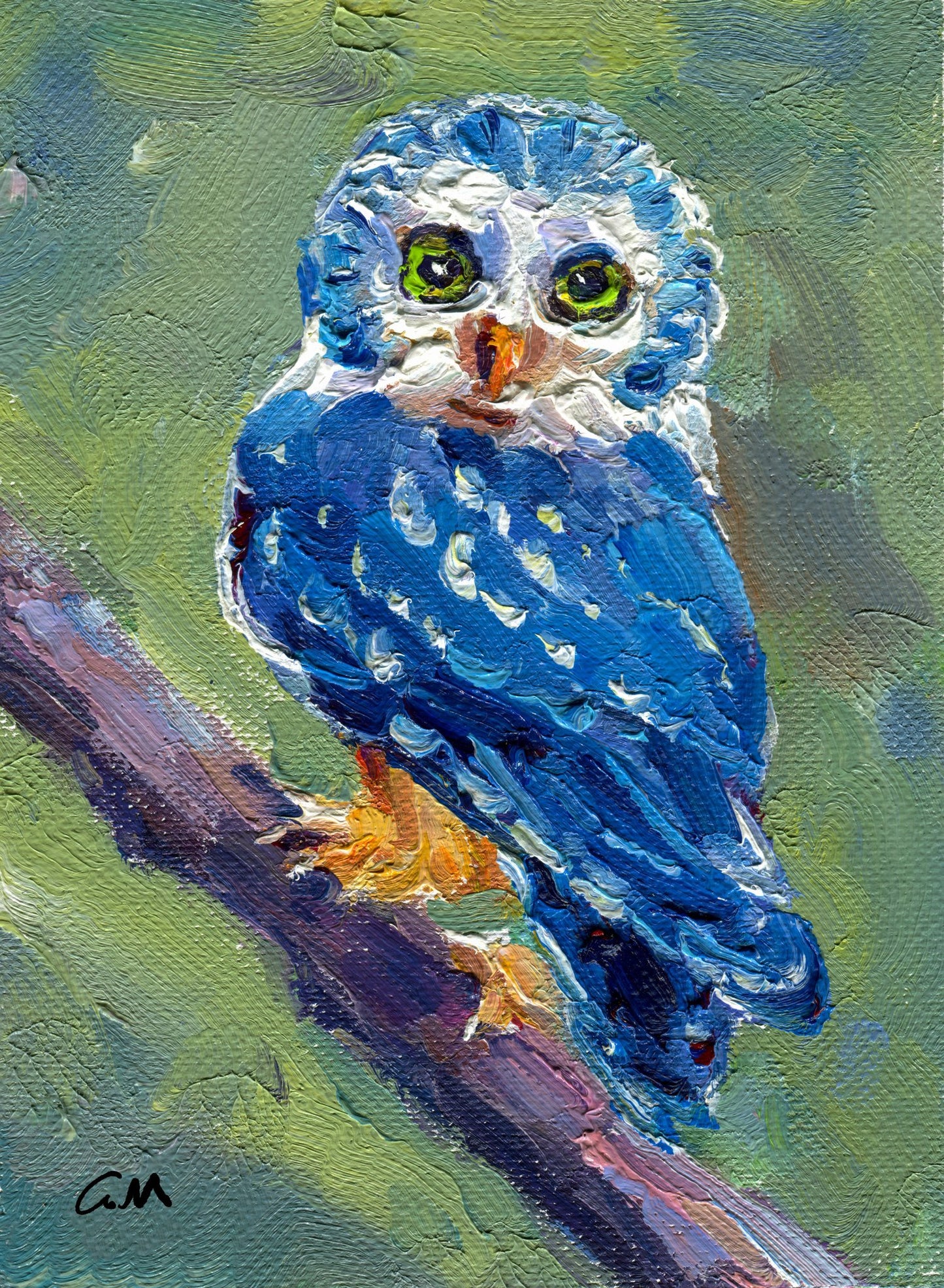 Textured oil painting of a blue owl with green eyes perched on a branch, unframed canvas artwork by George Miller