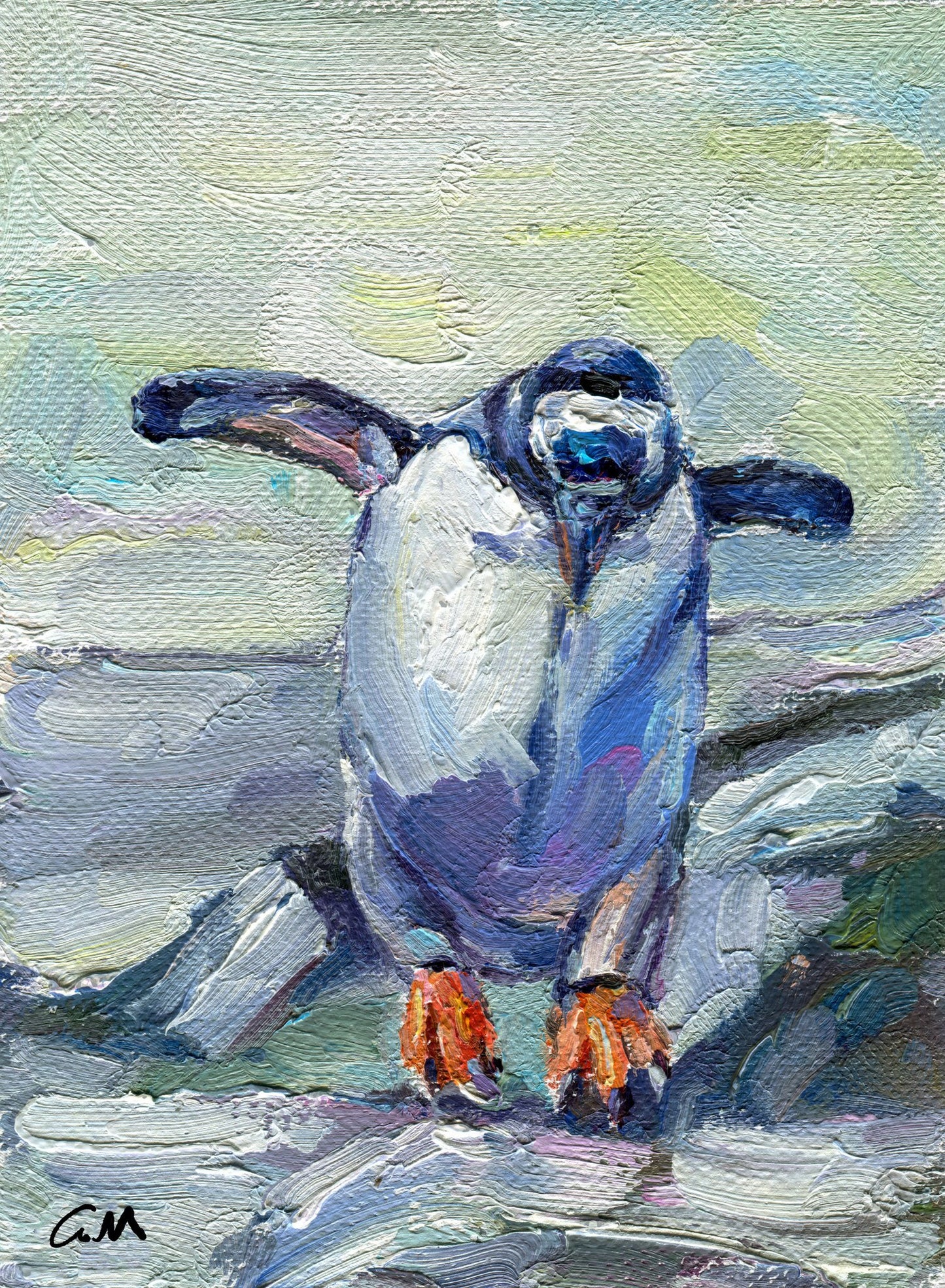 Original oil painting of a playful penguin in blue, white, and orange on canvas, unframed, textured brushwork, vertical composition