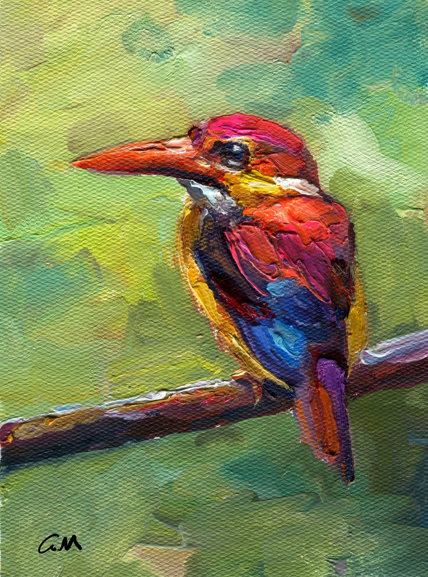 Vibrant oil painting of a kingfisher perched on a branch, featuring bold red, blue, and green hues with thick impasto texture, unframed on canvas