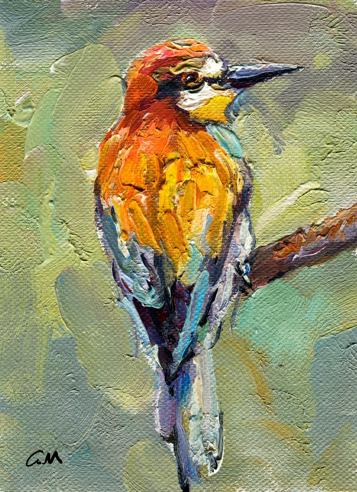 Vibrant oil painting of a woodpecker in orange, yellow, and green hues, unframed on canvas with textured brushwork and signature visible