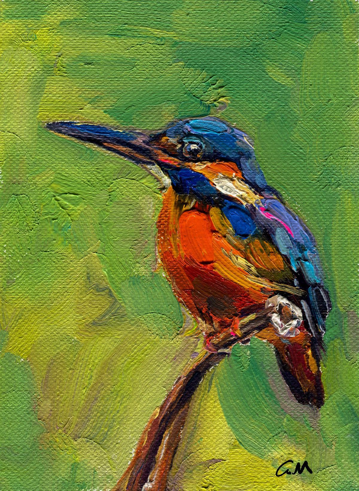 Hand-painted kingfisher in vibrant blue, red, and green oil on canvas, unframed, vertical composition with textured brushwork and signature