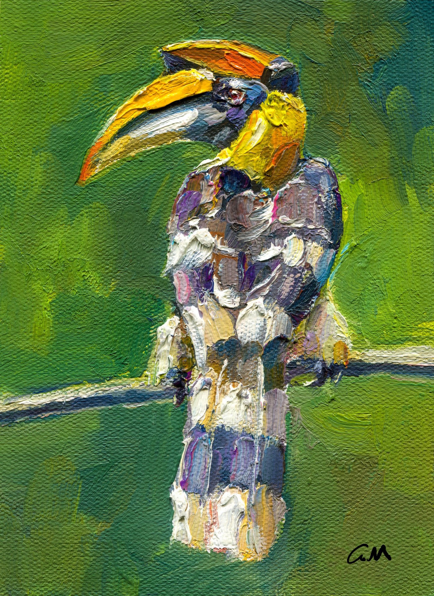 Vibrant oil painting of a toucan with bold yellow and orange beak, textured brushwork on canvas, unframed, set against a lush green background
