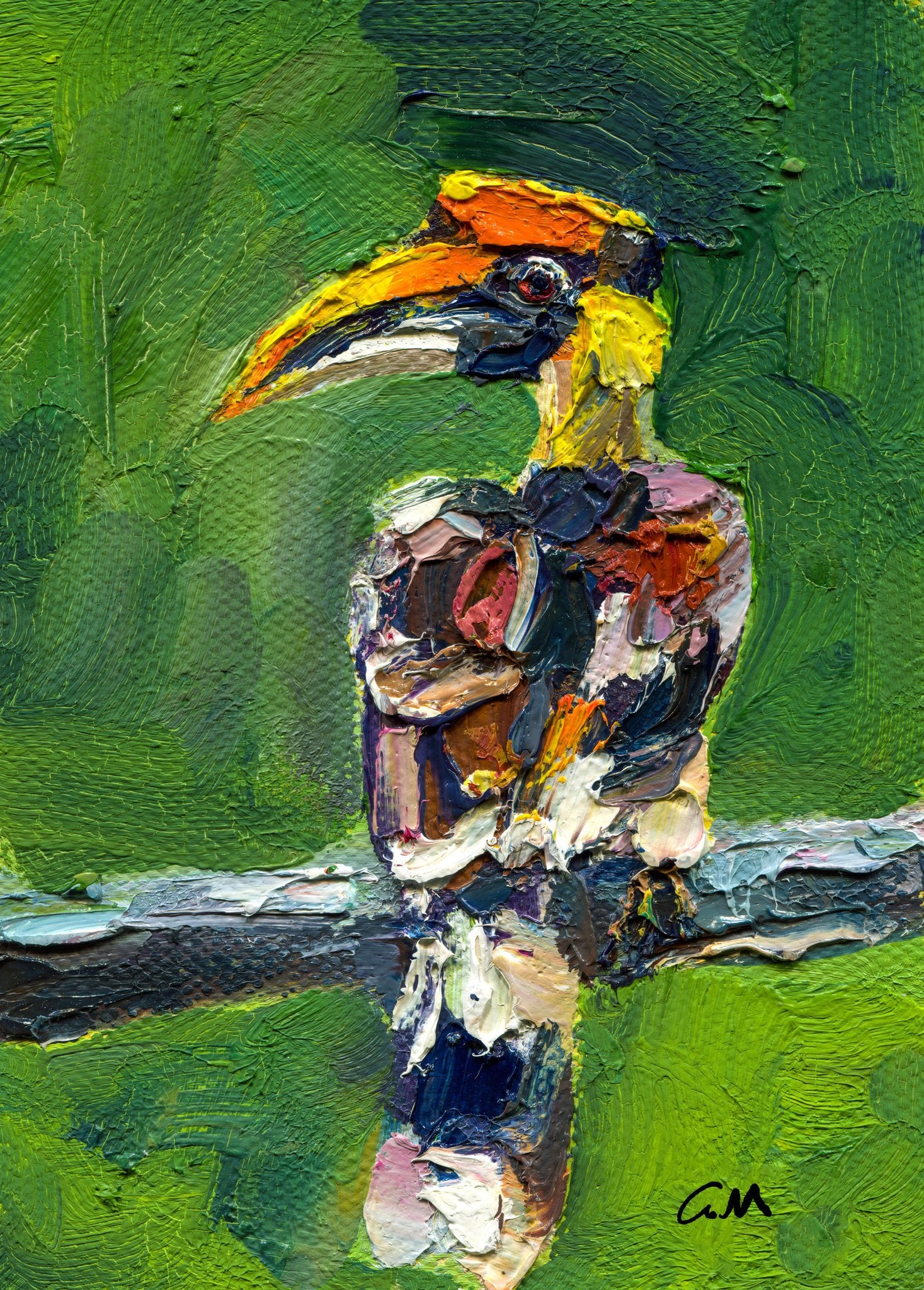 Vibrant oil painting of a toucan with textured brushwork, set against a lush green jungle background, unframed on canvas