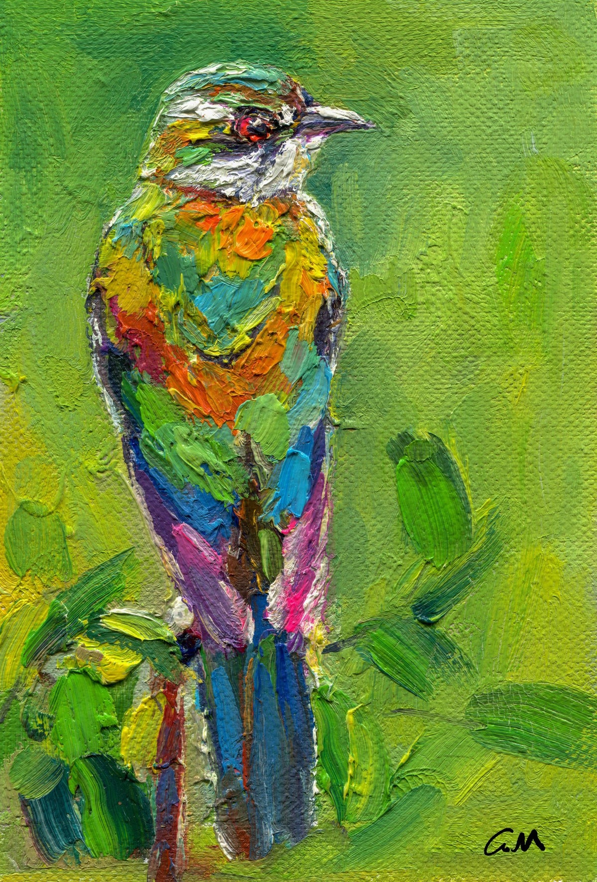 Vibrant oil painting of a colorful bird with textured brushwork on canvas, unframed, set against a green background