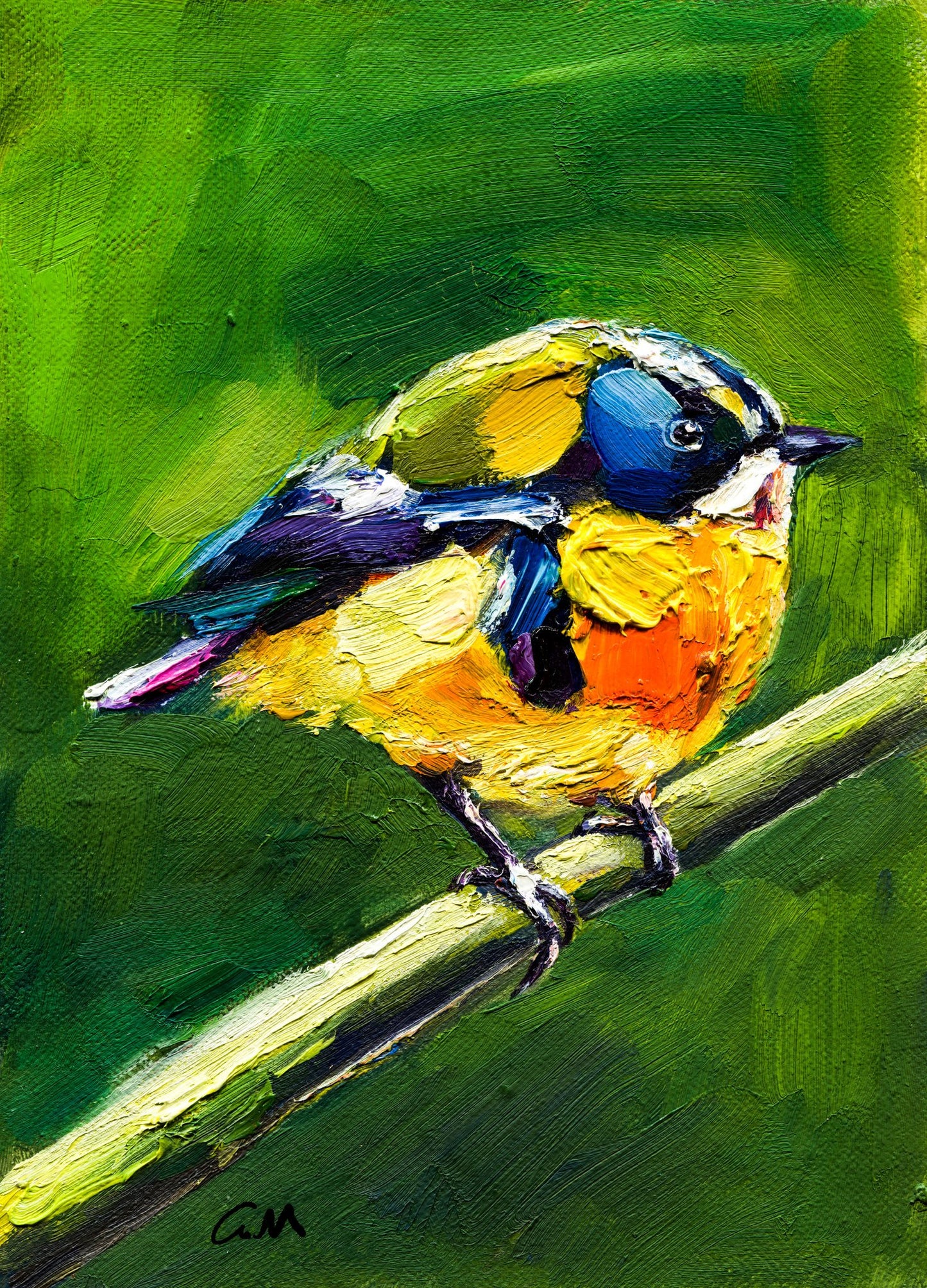 Hand-painted oil artwork of a vibrant bird perched on a branch, featuring bold yellow, blue, and green hues with textured brushwork on canvas, unframed