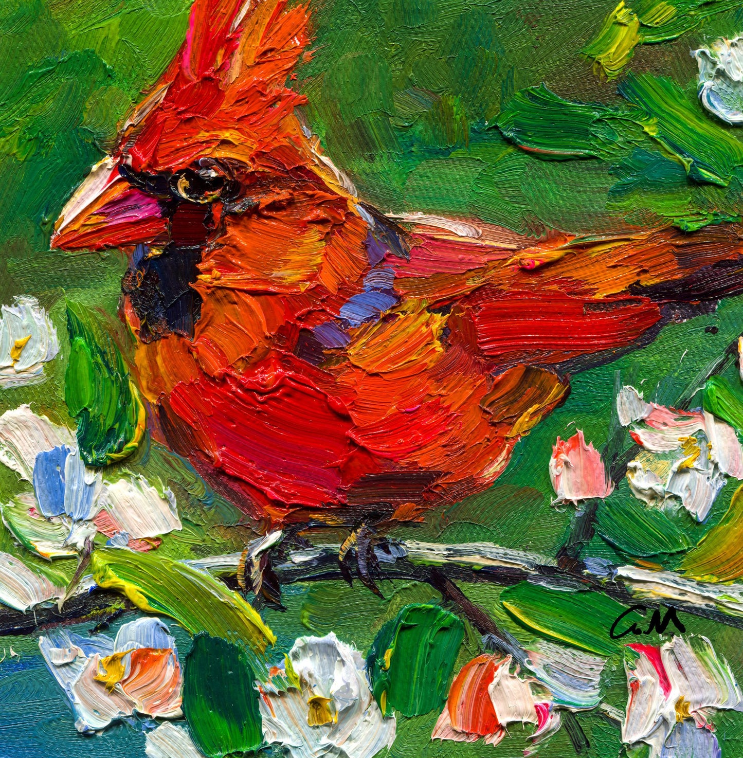 Vibrant oil painting of a red cardinal perched on a branch amidst white flowers, thick impasto texture, unframed canvas on neutral surface