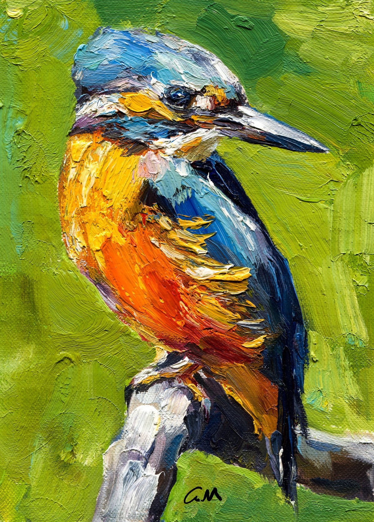 Vibrant oil painting of a kingfisher bird perched on a branch, featuring bold blue, orange, and green hues with textured brushwork, unframed on canvas