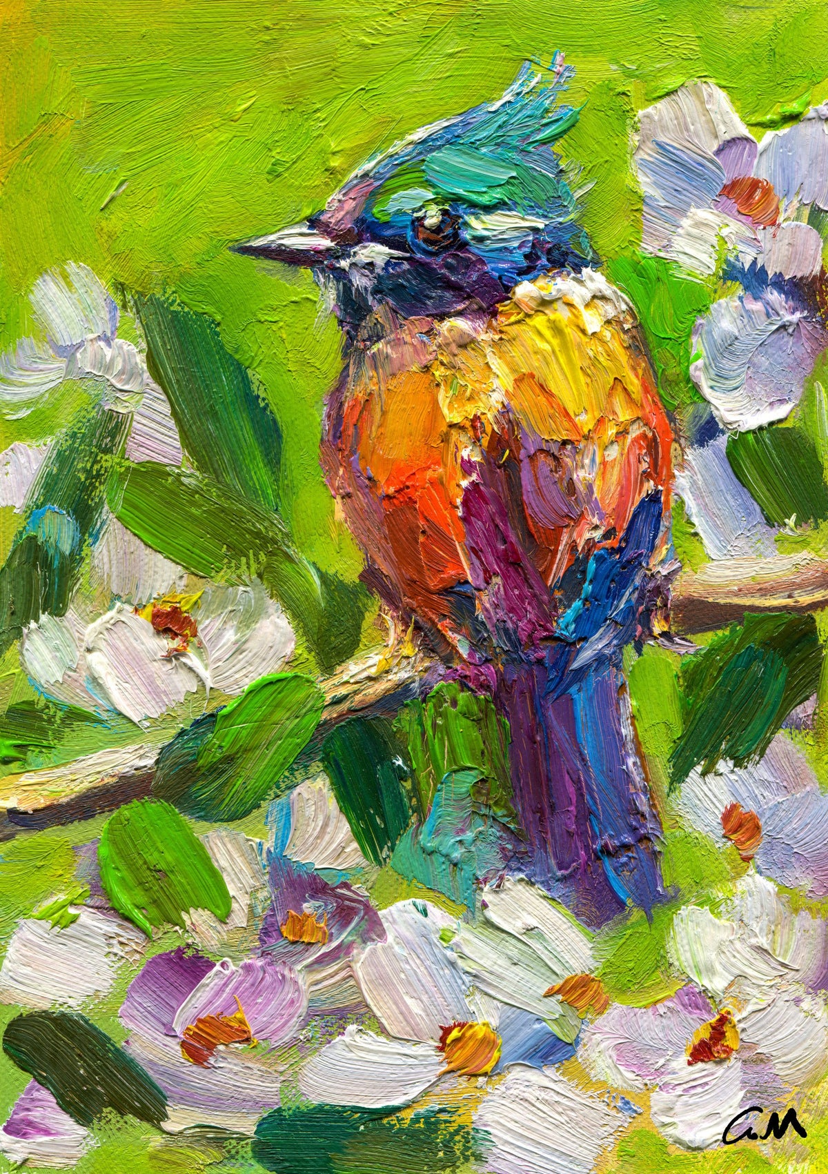Vibrant oil painting of a colorful bird perched among white flowers on a green background, unframed canvas with expressive brushwork and signature in corner