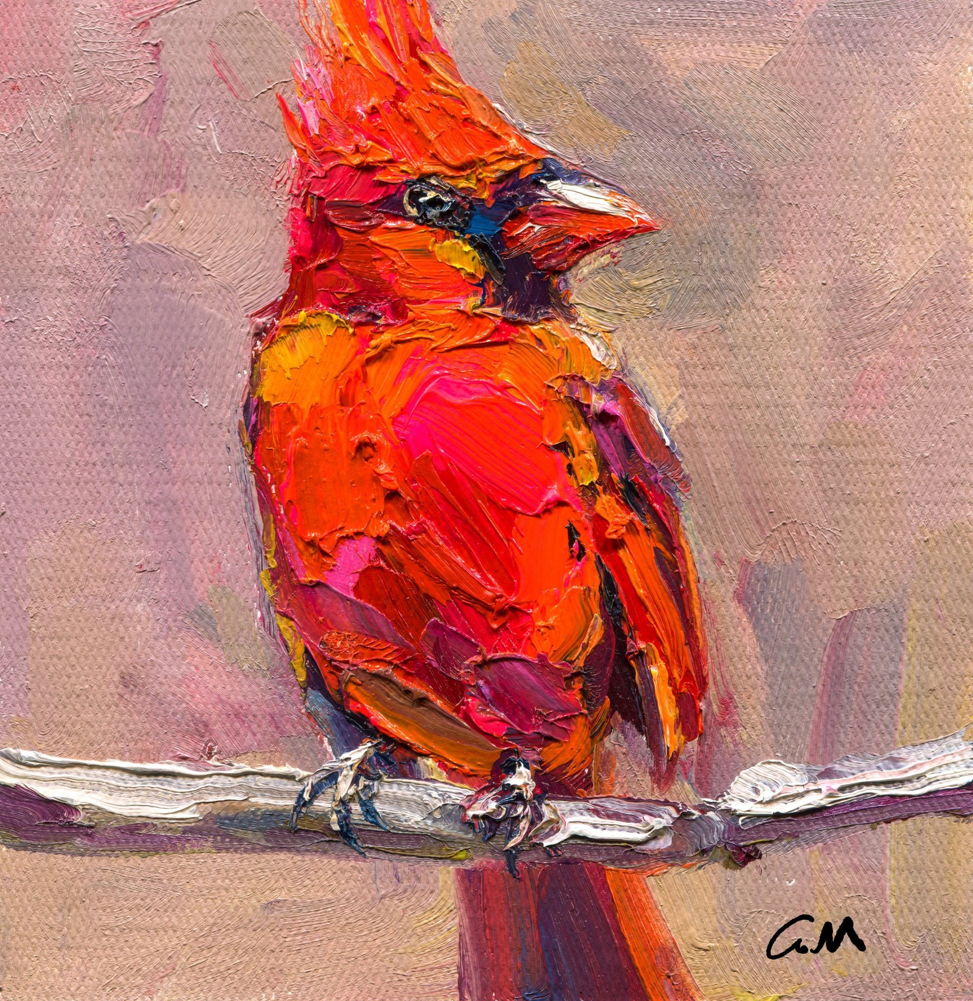 Vibrant oil painting of a cardinal bird perched on a branch, rich red and orange hues with textured brushwork, unframed canvas on neutral surface