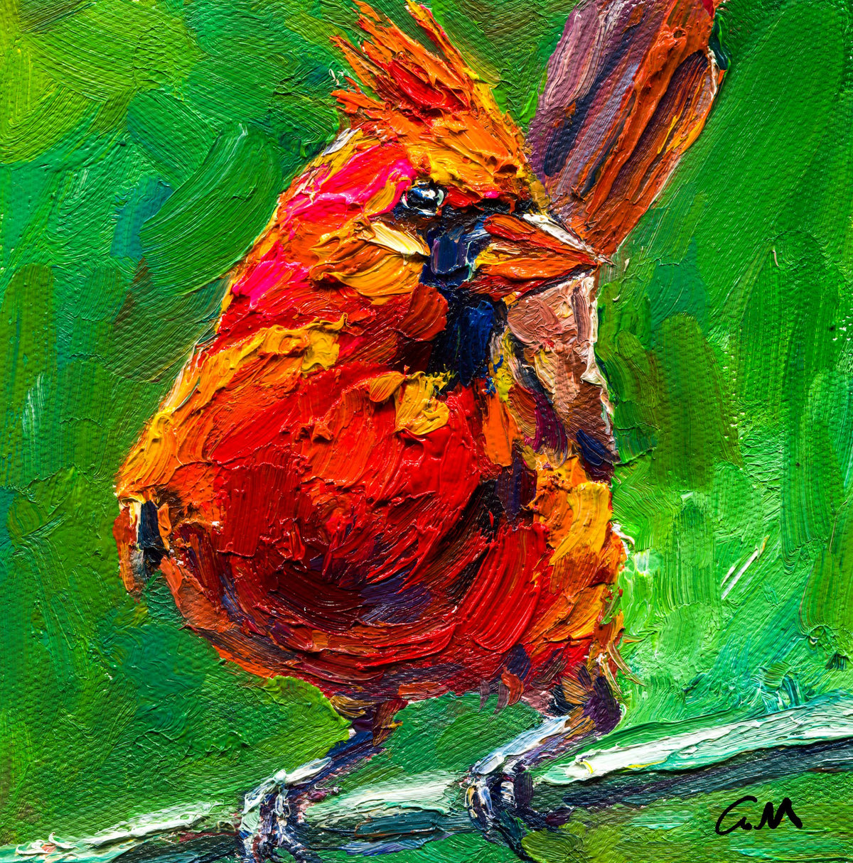 Vibrant oil painting of a red cardinal bird with thick impasto texture, set against a green background, unframed on canvas