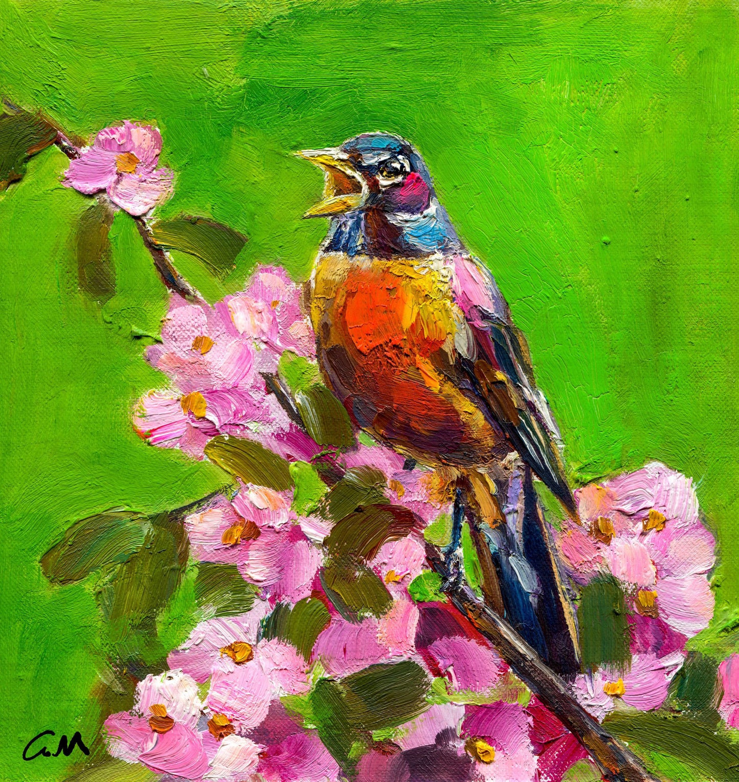 Hand-painted oil artwork of a robin perched on blooming pink flowers against a vibrant green background, unframed canvas with visible brushstrokes and artist signature