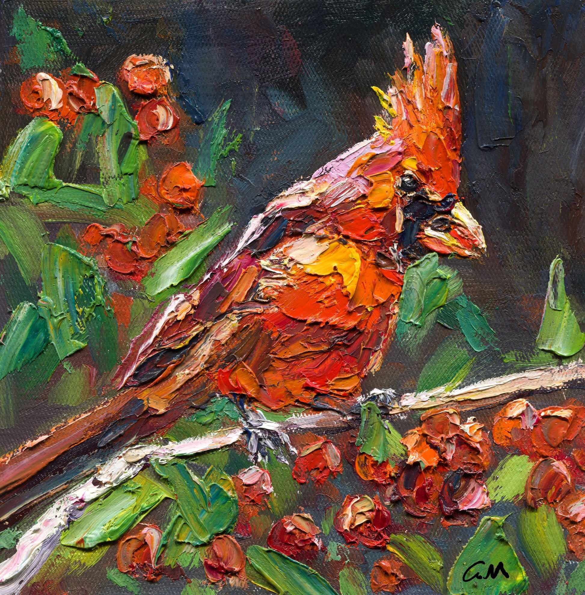 Vibrant oil painting of a red cardinal perched on a branch with textured brushwork, surrounded by green leaves and orange flowers, unframed on canvas