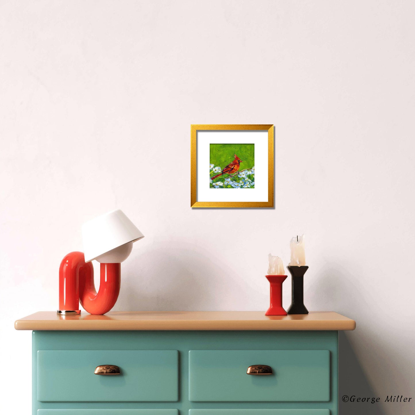 Small Bird Painting, Original Art by George Miller, Palette Knife Oil Painting, Textured Impasto, Cardinal Wall Art