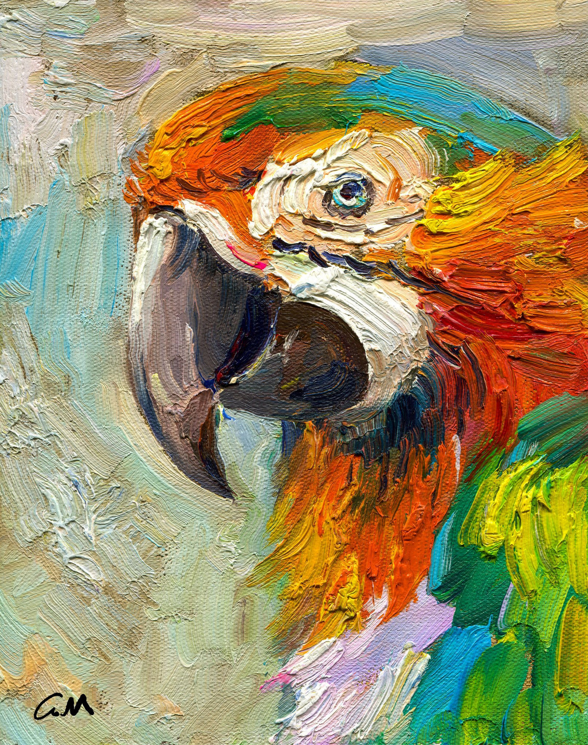 Vibrant oil painting of a macaw head in bold orange, green, and blue hues, textured brushwork on canvas, unframed, signed by artist