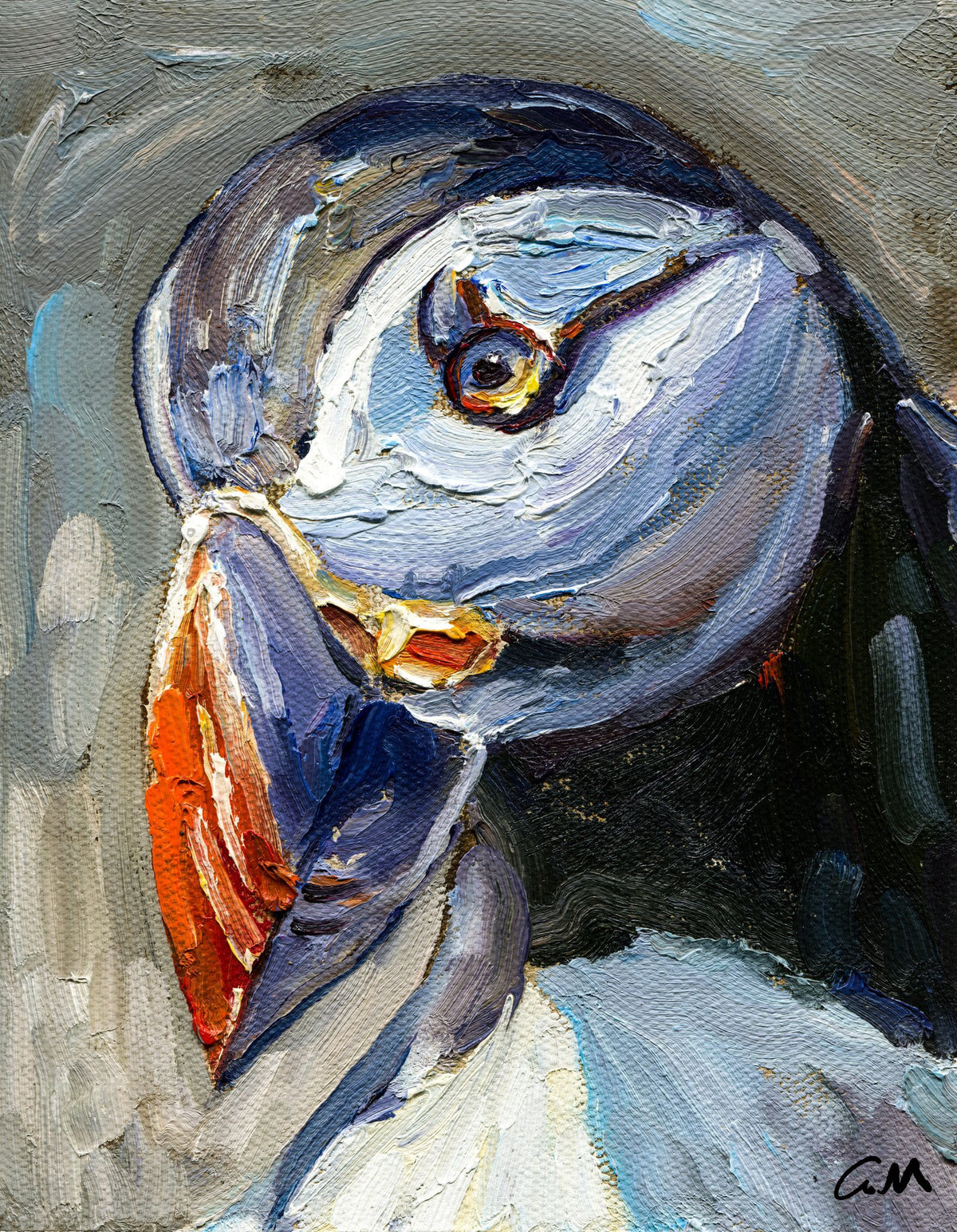 Expressive oil painting of a puffin with bold blue, white, and orange colors, textured brushwork, unframed on canvas