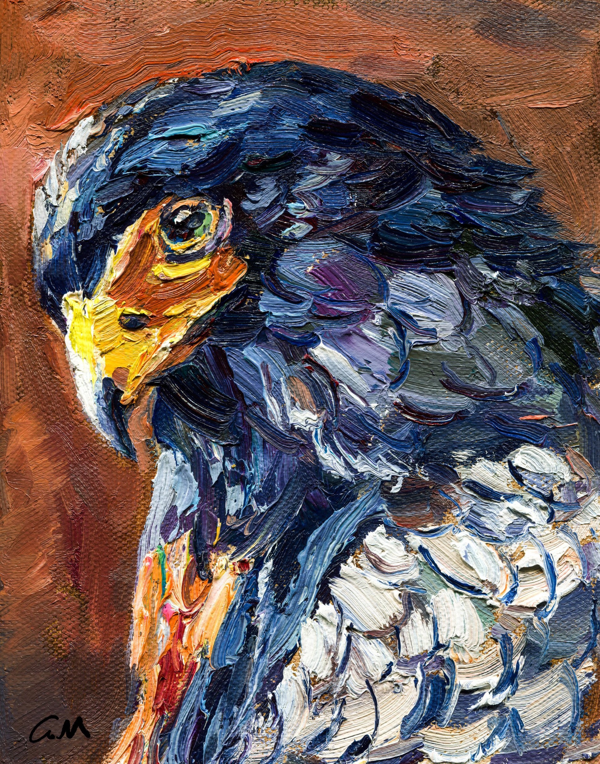 Expressive oil painting of a hawk with bold blue, brown, and white brushwork on canvas, unframed and displayed vertically