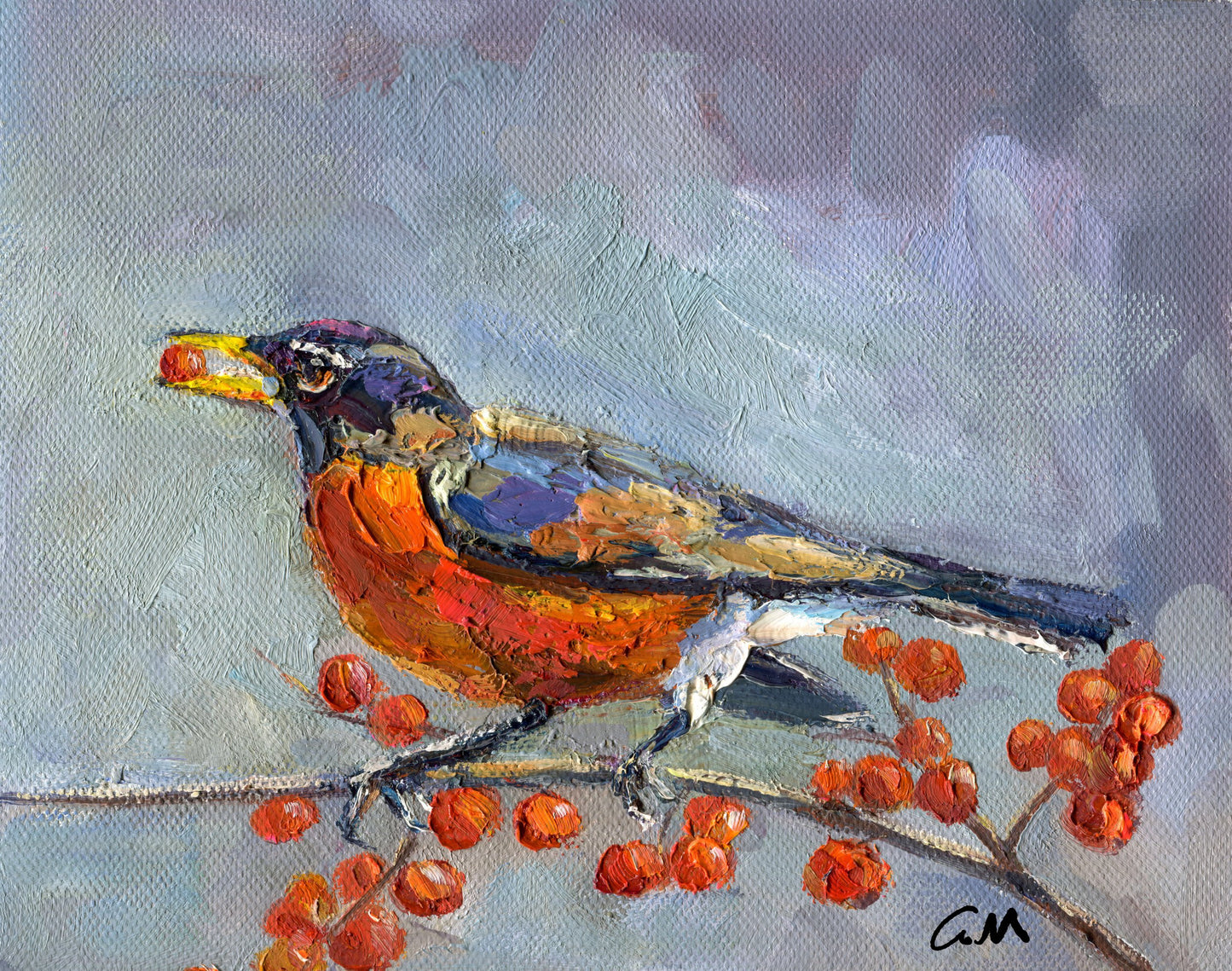Original oil painting of a robin perched on a berry-laden branch, unframed canvas with textured brushwork and vibrant red, blue, and gray tones