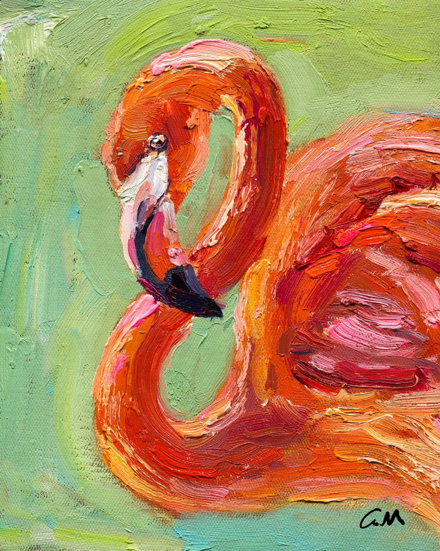 Vibrant oil painting of a flamingo with thick impasto texture, bold red and pink hues against a green background, unframed on canvas