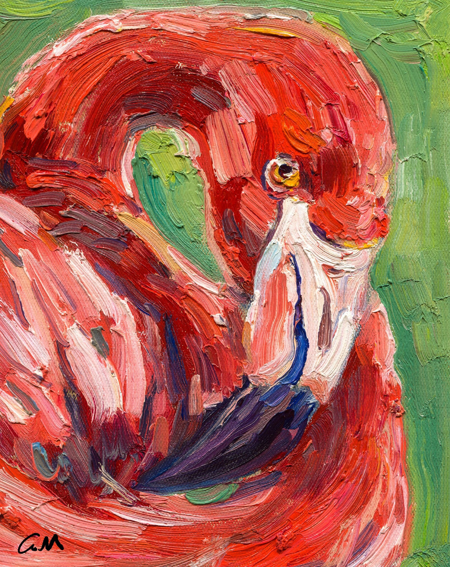 Hand-painted oil portrait of a vibrant red flamingo with expressive brushwork, set against a green background, unframed on canvas