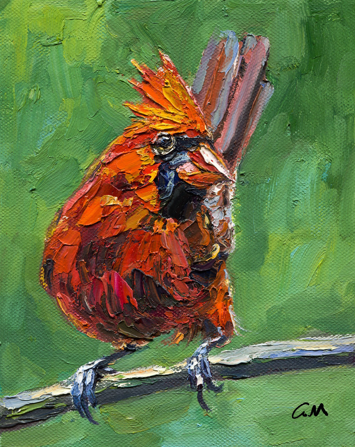 Vibrant oil painting of a cardinal bird perched on a branch, rich red and orange feathers against a textured green background, unframed canvas artwork