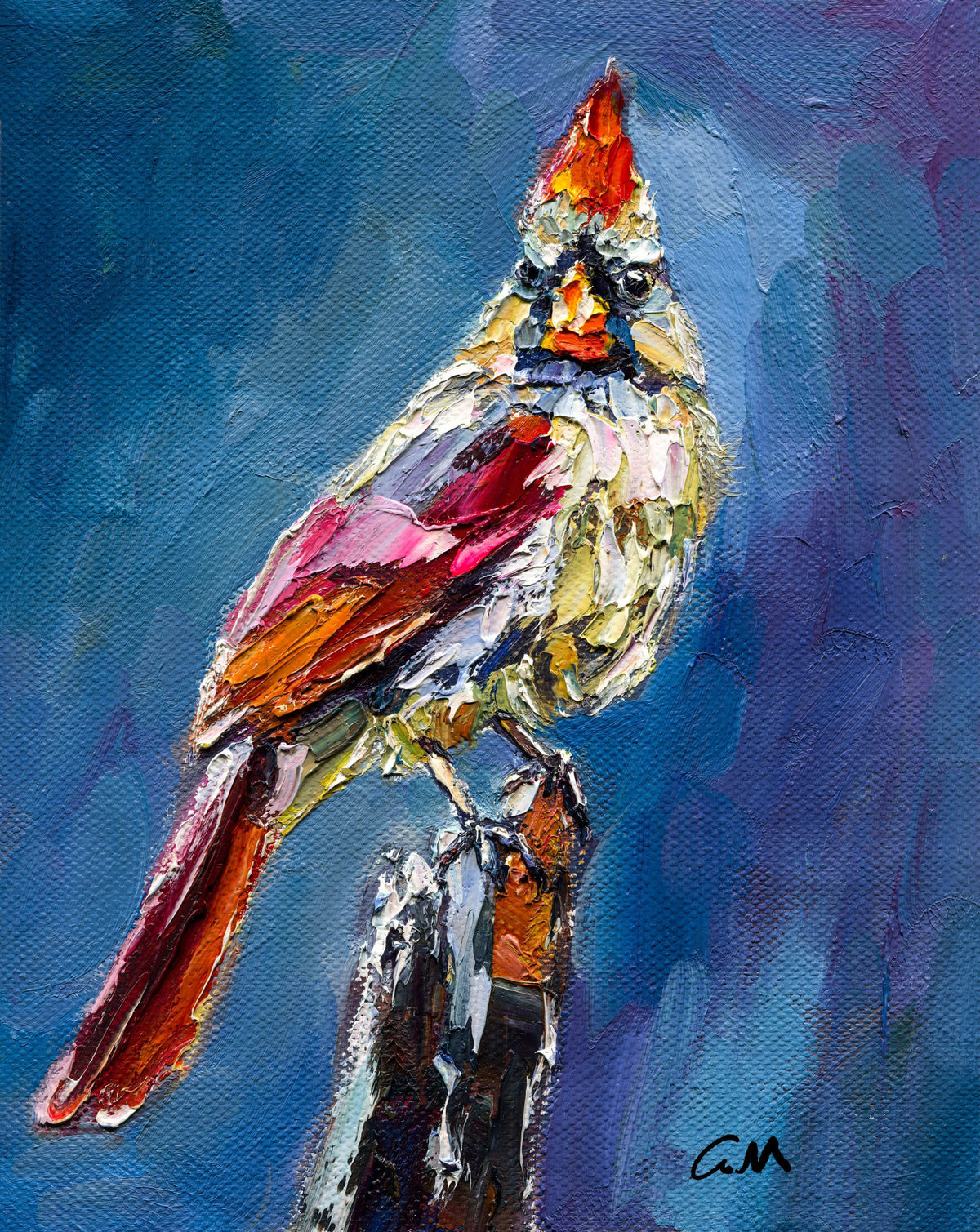 Expressive oil painting of a red cardinal perched on a branch, vibrant colors and textured brushwork on canvas, unframed vertical artwork