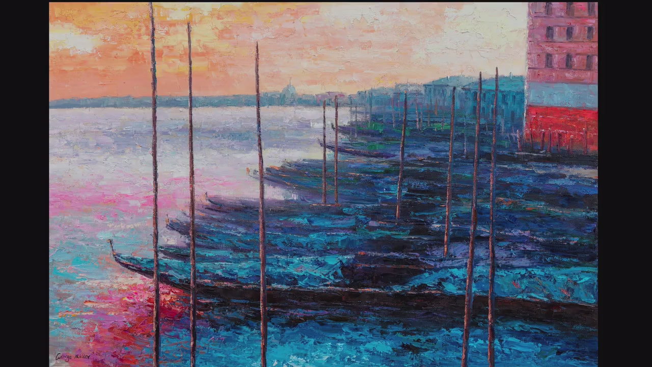 Venice-inspired masterpiece: Hand-painted Oil Painting of Grand Canal Gondola at Dawn | Ready to Hang