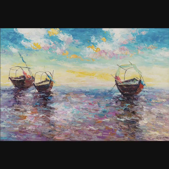 Original Oil Painting - "Serene Boats at Sunrise" by George Miller: Textured Seascape Painting