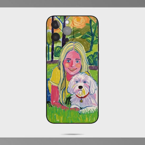 Custom Pet and Owner Portrait iPhone Case – Personalized Dog Cat Art iPhone Cover -  Compatible with iPhone 13, 14, 15, 16