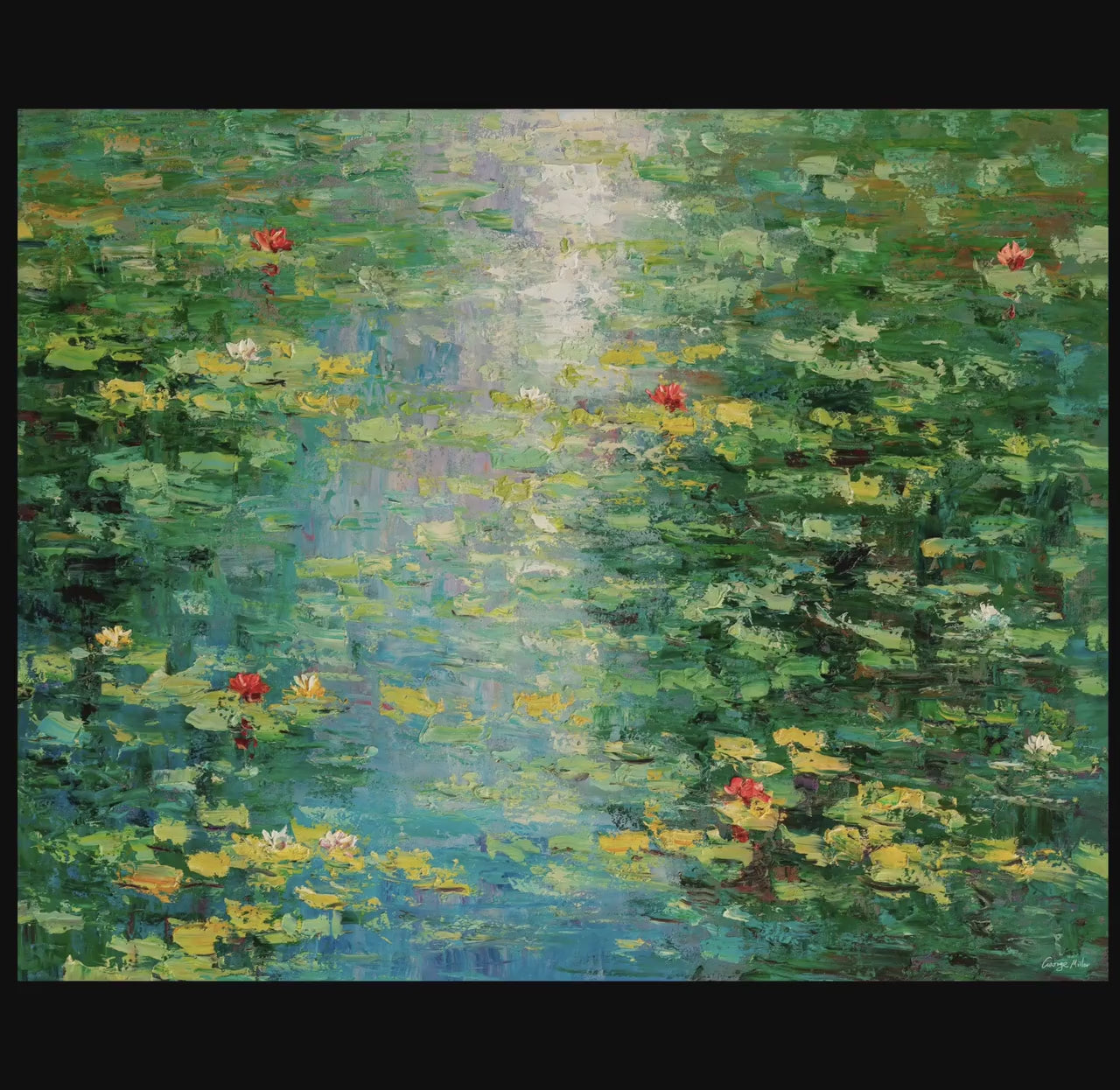 Experience the beauty of Spring with this Large Wall Art Oil Painting of Waterlilies Pond by George Miller, a colorful addition to any room