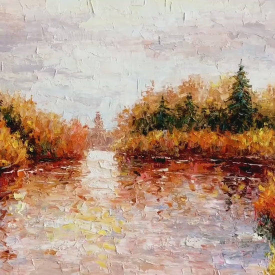 Original Oil Painting, Large Textured Art, "Autumn Reflections", Modern Landscape, Impasto Artwork