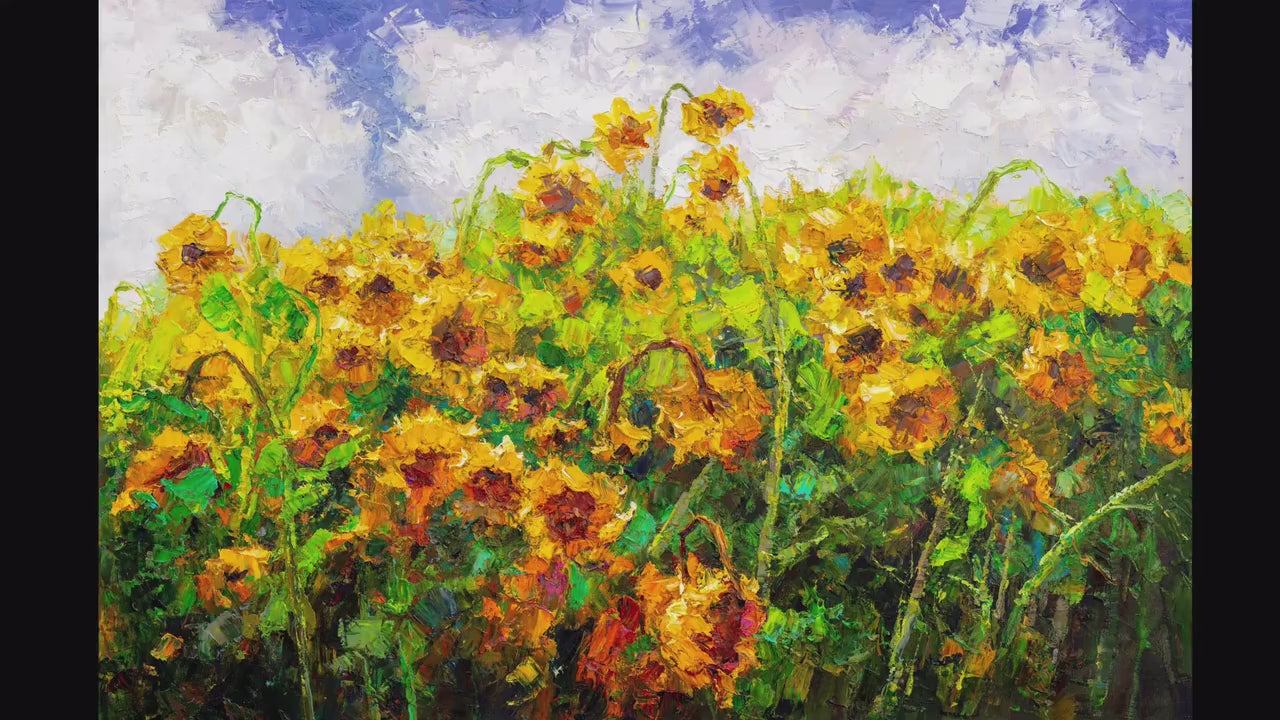 Original Sunflower Painting, "Sun Worshippers," Large Textured Oil Painting