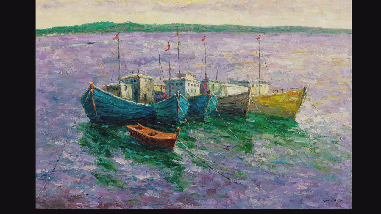 Fishing Boats Seascape: Large Oil Painting - 32x48 inches - Original Art - Ready to Hang, Large Landscape Painting, Original Oil Painting