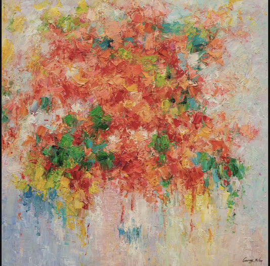 Spring Red Flowers Oil Painting - Abstract 36x36 | Large Wall Art | Ready to Hang, Floral Painting, Large Wall Art Canvas, Canvas Art