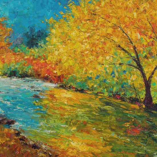 Original Palette Knife Painting, Golden Autumn Riverbank, Textured Art