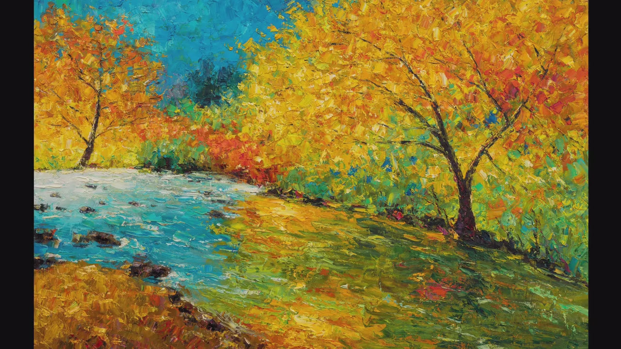 Original Palette Knife Painting, Golden Autumn Riverbank, Textured Art