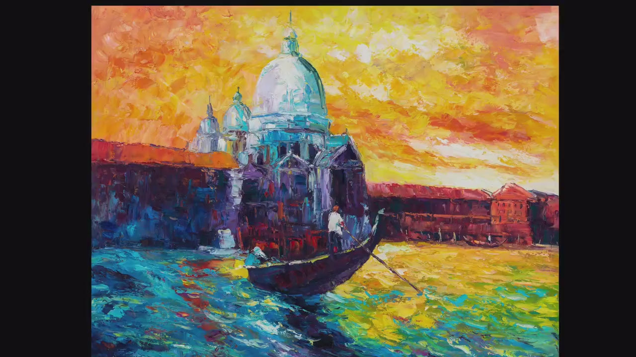 Venice At Dawn Grand Canal Gondola | Original Art Oil Painting for Contemporary Room Decor