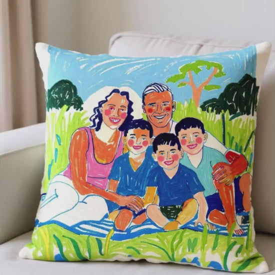 Custom Family Portrait Pillow - Colorful Illustrated Throw Pillow from Your Photo - Custom Artwork Cushion with Family or Pets