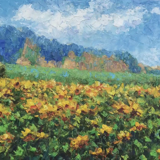 Large Art, Contemporary Art, Original Oil Painting, Sunflower Field and Cliffs "Sunflowers Beneath the Cliffs"