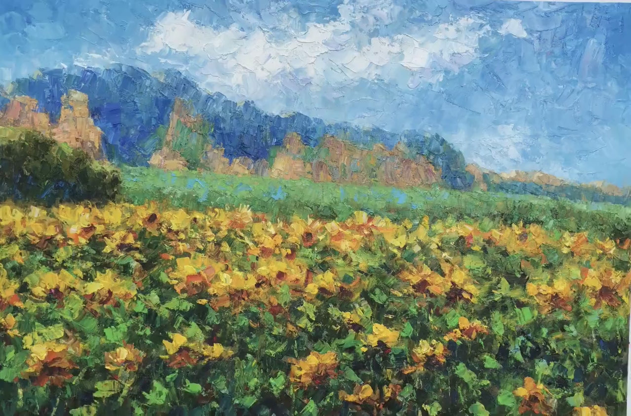 Large Art, Contemporary Art, Original Oil Painting, Sunflower Field and Cliffs "Sunflowers Beneath the Cliffs"