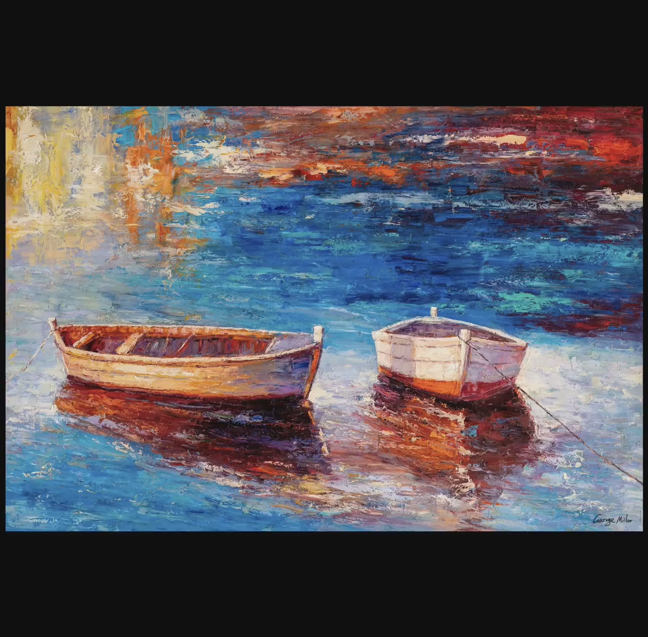 Large Oil Painting Fishing Boats - Contemporary Seascape Art | 32x48 inches Palette Knife Textured | Ready to Hang, Living Room Wall Art