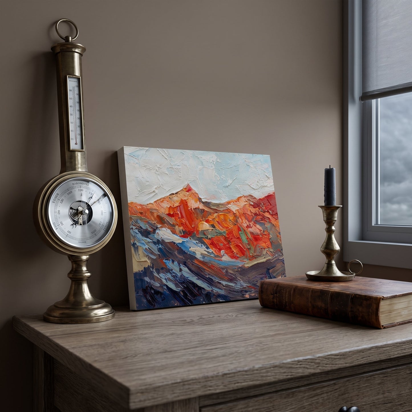 RusticFarmhouseStudy — Expressive landscape painting adds vibrant color and artistic depth to a vintage-inspired workspace