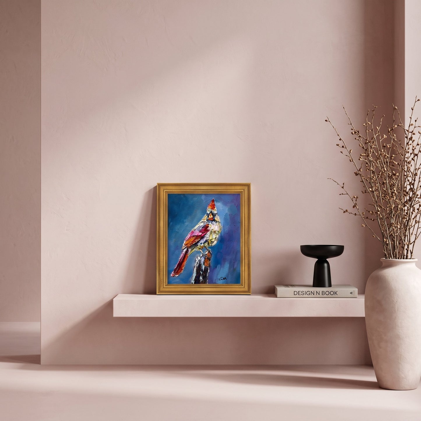 Minimalist living room — expressive cardinal painting adds vibrant color and texture to serene space