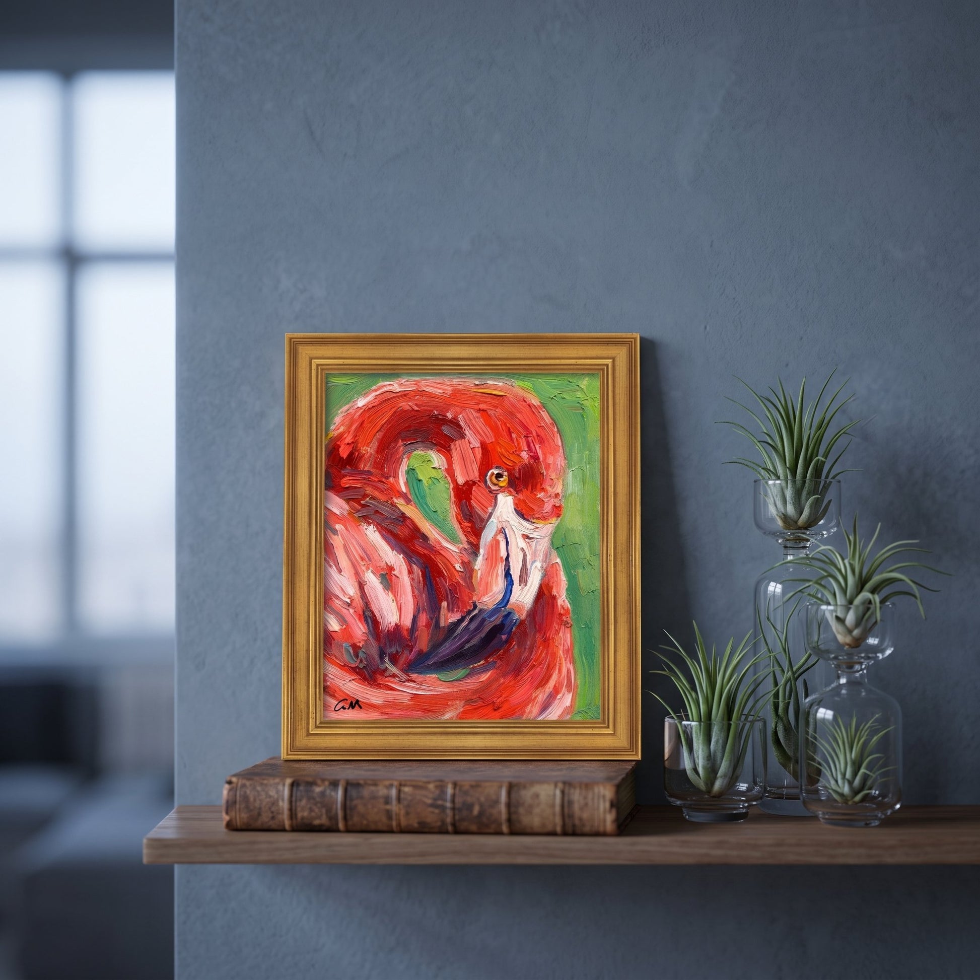 Contemporary living room — vibrant expressionist flamingo painting adds bold color and life to minimalist space