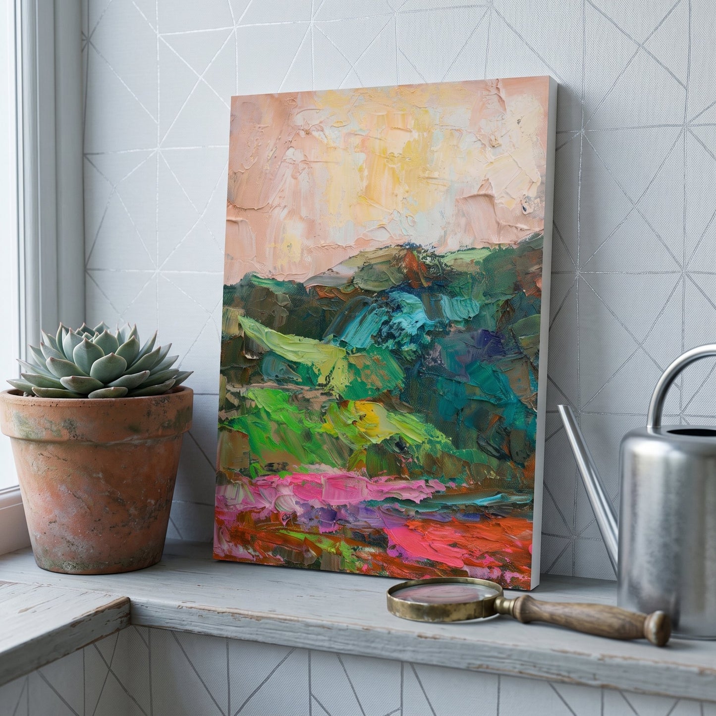 Minimalist entryway — vibrant abstract landscape painting adds color and life to a serene, modern space